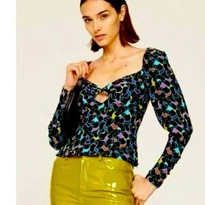Staud Black Multicolor Long Sleeve Sweetheart Neck Josephine Top size 4